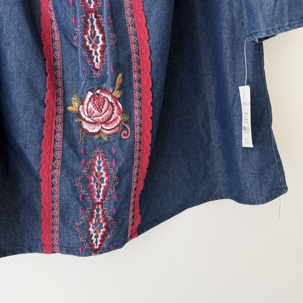 NWT Hannah Denim Embroidered Peasant Top XL Boho Bell Sleeve Blouse - Picture 5 of 10